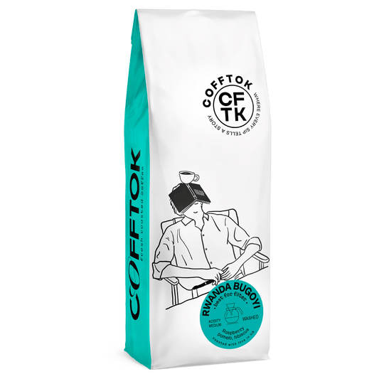 Rwanda Bugoyi Coffee Beans in a white and teal bag with artistic illustration, offering 100% Arabica with raspberry and pomelo flavors.